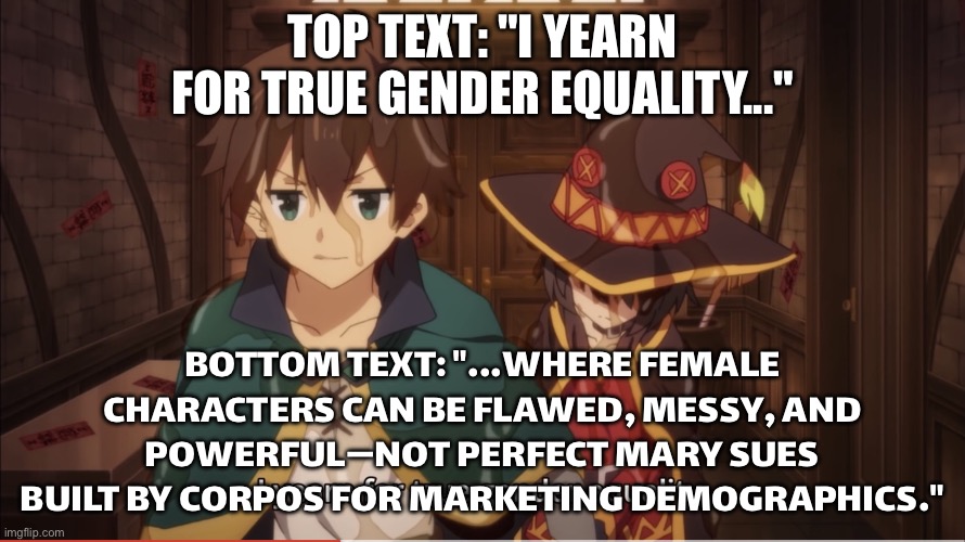 WHEN CORPORATIONS CHURN OUT FLAWLESS MARY SUES INSTEAD OF COMPLEX, HUMAN CHARACTERS. | TOP TEXT: "I YEARN FOR TRUE GENDER EQUALITY..."; BOTTOM TEXT: "...WHERE FEMALE CHARACTERS CAN BE FLAWED, MESSY, AND POWERFUL—NOT PERFECT MARY SUES BUILT BY CORPOS FOR MARKETING DEMOGRAPHICS." | image tagged in i yearn for true gender equality,gender equality,human rights,gaming,corporations,corporate greed | made w/ Imgflip meme maker