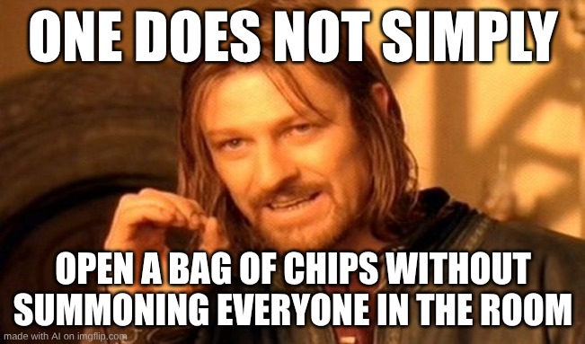 One Does Not Simply Meme | ONE DOES NOT SIMPLY; OPEN A BAG OF CHIPS WITHOUT SUMMONING EVERYONE IN THE ROOM | image tagged in memes,one does not simply | made w/ Imgflip meme maker
