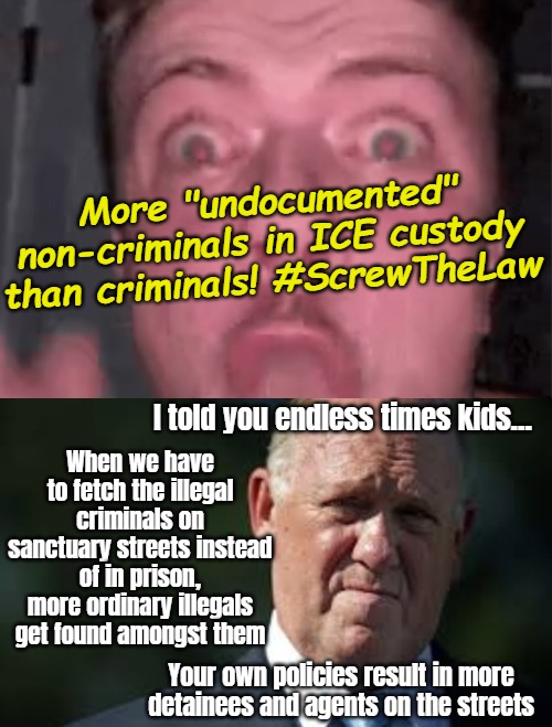 Obama had the same fringe opposition, but with full control of Democrats & Media, you're generally safe | More "undocumented" non-criminals in ICE custody than criminals! #ScrewTheLaw; When we have to fetch the illegal criminals on sanctuary streets instead of in prison, more ordinary illegals get found amongst them; I told you endless times kids... Your own policies result in more detainees and agents on the streets | image tagged in illegal immigrants,deportation,american politics,triggered | made w/ Imgflip meme maker