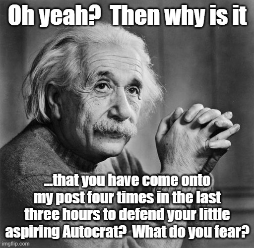 Oh yeah?  Then why is it ...that you have come onto my post four times in the last three hours to defend your little aspiring Autocrat?  Wha | image tagged in einstein | made w/ Imgflip meme maker