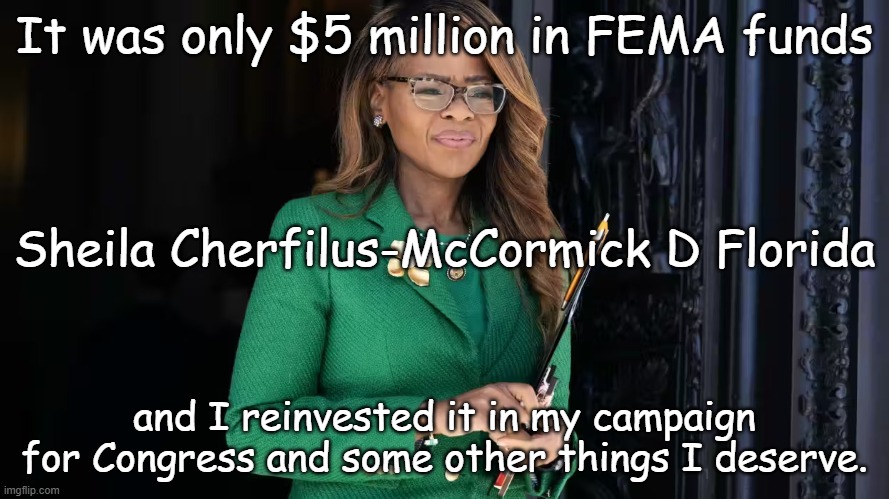 Proof that when the Democrat Party is a disaster area, you can cash in! | It was only $5 million in FEMA funds; Sheila Cherfilus-McCormick D Florida; and I reinvested it in my campaign for Congress and some other things I deserve. | image tagged in sheila cherfilus-mccormick of florida | made w/ Imgflip meme maker