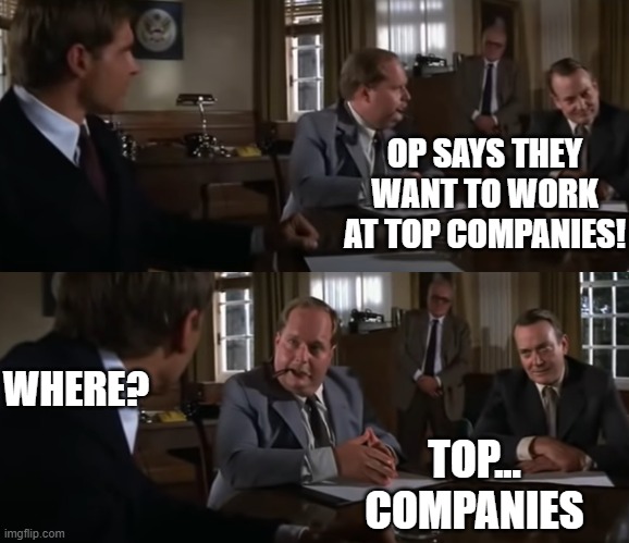 indiana jones top men | OP SAYS THEY WANT TO WORK AT TOP COMPANIES! WHERE? TOP...
COMPANIES | image tagged in indiana jones top men | made w/ Imgflip meme maker