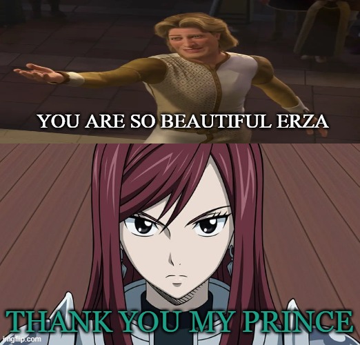 prince charming falls in erza scarlett | YOU ARE SO BEAUTIFUL ERZA; THANK YOU MY PRINCE | image tagged in who falls in love with erza scarlett,prince charming,fairy tail,anime,shrek,still a better love story than twilight | made w/ Imgflip meme maker