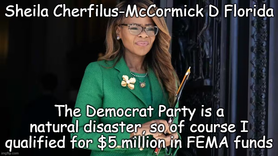 I deserve it!!! | Sheila Cherfilus-McCormick D Florida; The Democrat Party is a natural disaster, so of course I qualified for $5 million in FEMA funds | image tagged in sheila cherfilus-mccormick of florida | made w/ Imgflip meme maker