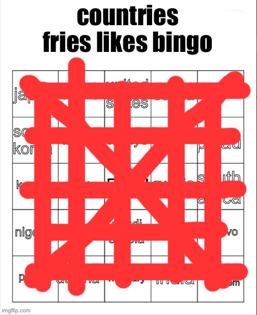 countries fries likes bingo | image tagged in countries fries likes bingo | made w/ Imgflip meme maker