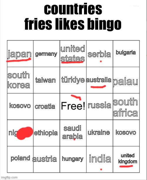 countries fries likes bingo | image tagged in countries fries likes bingo | made w/ Imgflip meme maker
