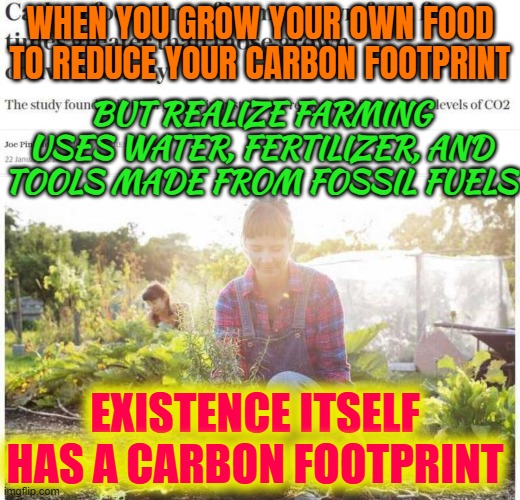 MAYBE THE BIGGEST FOOTPRINT IS JUST EXISTING | WHEN YOU GROW YOUR OWN FOOD TO REDUCE YOUR CARBON FOOTPRINT; BUT REALIZE FARMING USES WATER, FERTILIZER, AND TOOLS MADE FROM FOSSIL FUELS; EXISTENCE ITSELF HAS A CARBON FOOTPRINT | image tagged in carbon footprint of homegrown food,existentialism,existence,carbon footprint,food memes,food | made w/ Imgflip meme maker
