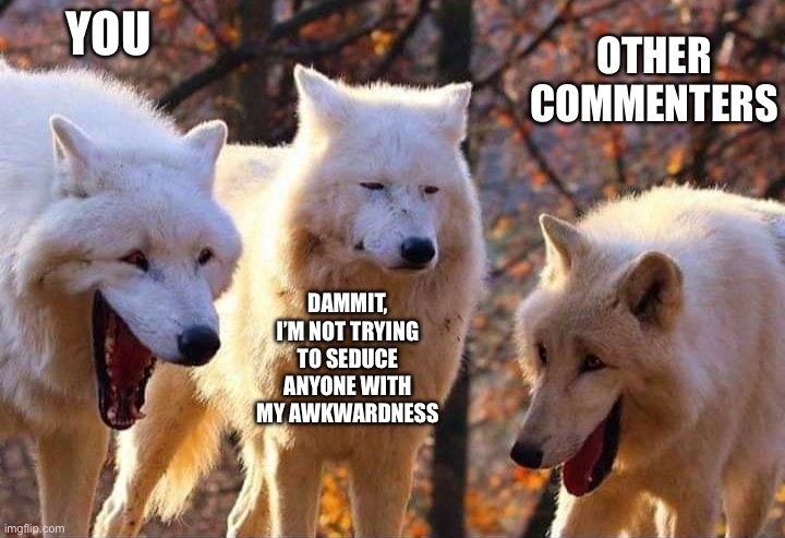 No rizz | YOU; OTHER COMMENTERS; DAMMIT, I’M NOT TRYING TO SEDUCE ANYONE WITH MY AWKWARDNESS | image tagged in laughing wolf,rizz | made w/ Imgflip meme maker