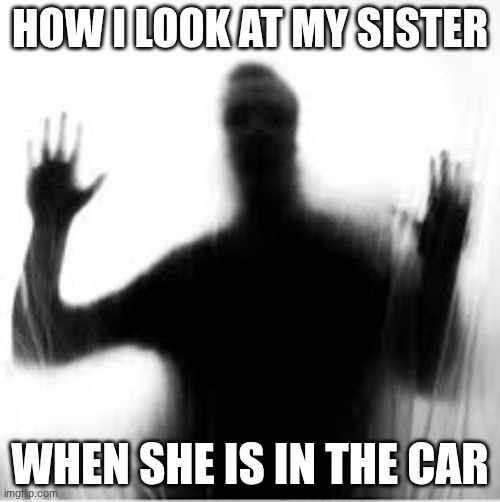 >:) | HOW I LOOK AT MY SISTER; WHEN SHE IS IN THE CAR | image tagged in scary | made w/ Imgflip meme maker