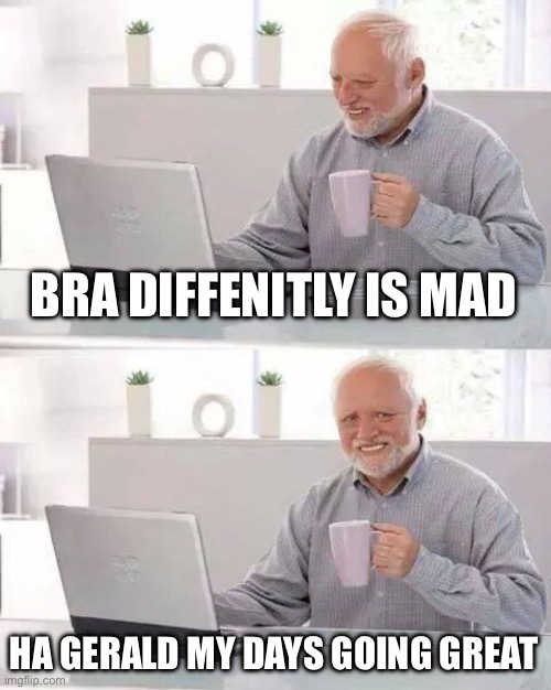 Hide the Pain Harold | BRA DIFFENITLY IS MAD; HA GERALD MY DAYS GOING GREAT | image tagged in memes,hide the pain harold | made w/ Imgflip meme maker