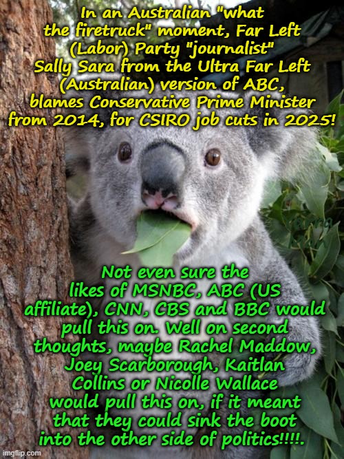 Australian Far Left ABC blames Conservative PM from 2014, for CSIRO job cuts in 2025! | In an Australian "what the firetruck" moment, Far Left (Labor) Party "journalist" Sally Sara from the Ultra Far Left (Australian) version of ABC, blames Conservative Prime Minister from 2014, for CSIRO job cuts in 2025! Not even sure the likes of MSNBC, ABC (US affiliate), CNN, CBS and BBC would pull this on. Well on second thoughts, maybe Rachel Maddow, Joey Scarborough, Kaitlan Collins or Nicolle Wallace would pull this on, if it meant that they could sink the boot into the other side of politics!!!!. Yarra Man | image tagged in far left labor,propaganda machine,msnbc abc cbs cnn,bbc guardian fairfax,wtf koala moment,joe rachel | made w/ Imgflip meme maker