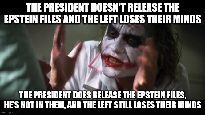 Meanwhile they didn't mind at all that Biden didn't release them. | THE PRESIDENT DOESN'T RELEASE THE EPSTEIN FILES AND THE LEFT LOSES THEIR MINDS; THE PRESIDENT DOES RELEASE THE EPSTEIN FILES, HE'S NOT IN THEM, AND THE LEFT STILL LOSES THEIR MINDS | image tagged in memes,and everybody loses their minds | made w/ Imgflip meme maker