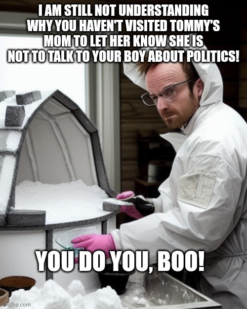 Snowcones | I AM STILL NOT UNDERSTANDING WHY YOU HAVEN'T VISITED TOMMY'S MOM TO LET HER KNOW SHE IS NOT TO TALK TO YOUR BOY ABOUT POLITICS! YOU DO YOU,  | image tagged in snowcones | made w/ Imgflip meme maker