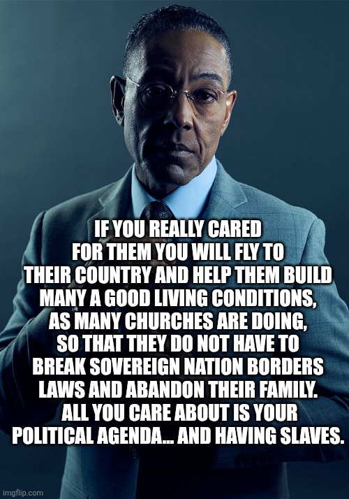 Gus Fring we are not the same | IF YOU REALLY CARED FOR THEM YOU WILL FLY TO THEIR COUNTRY AND HELP THEM BUILD MANY A GOOD LIVING CONDITIONS, AS MANY CHURCHES ARE DOING, SO | image tagged in gus fring we are not the same | made w/ Imgflip meme maker