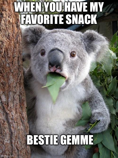 Snack | WHEN YOU HAVE MY
FAVORITE SNACK; BESTIE GEMME | image tagged in memes,surprised koala | made w/ Imgflip meme maker