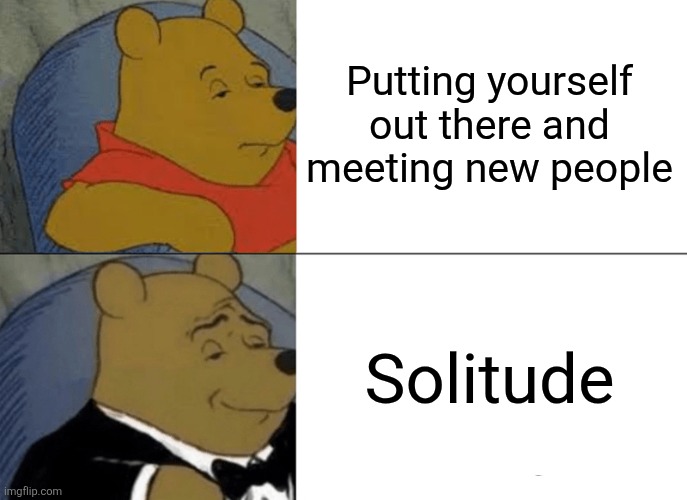 Tuxedo Winnie The Pooh | Putting yourself out there and meeting new people; Solitude | image tagged in memes,tuxedo winnie the pooh | made w/ Imgflip meme maker