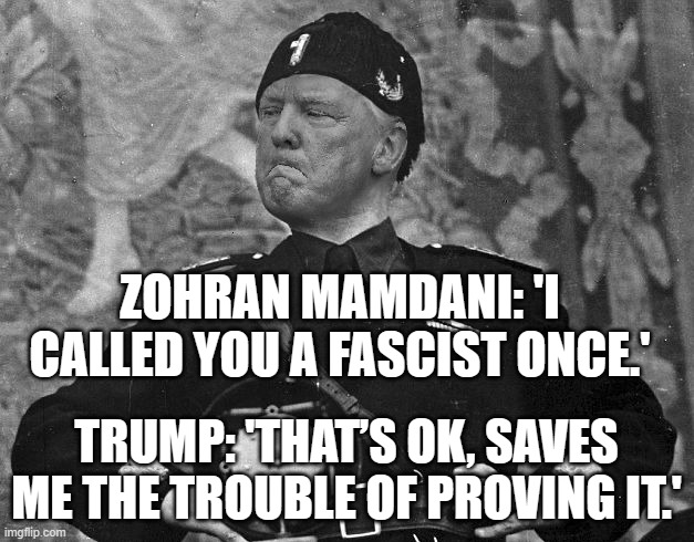 Donald Trump tells Zohran Mamdani 'it's OK' to call him a fascist. | ZOHRAN MAMDANI: 'I CALLED YOU A FASCIST ONCE.'; TRUMP: 'THAT’S OK, SAVES ME THE TROUBLE OF PROVING IT.' | image tagged in fascist trump,donald trump,fascist,white house,fascism,breaking news | made w/ Imgflip meme maker