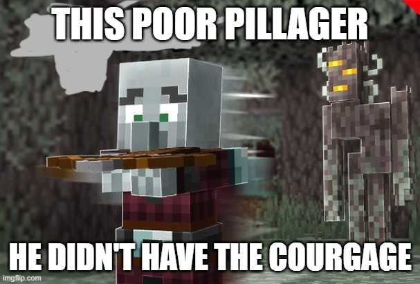 Pillager Running Away From Creaking | THIS POOR PILLAGER; HE DIDN'T HAVE THE COURGAGE | image tagged in pillager running away from creaking | made w/ Imgflip meme maker