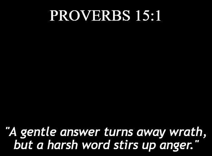 Something I need to work on. | PROVERBS 15:1; "A gentle answer turns away wrath,
but a harsh word stirs up anger." | image tagged in blank black,christiansonly,anger,wrath,christ | made w/ Imgflip meme maker