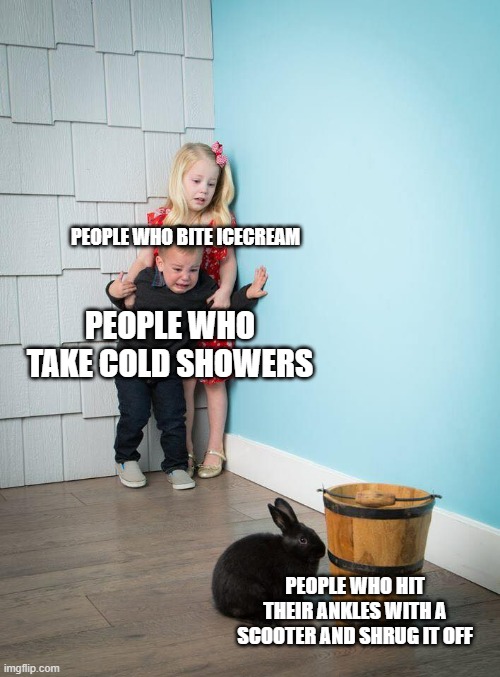 Kids Afraid of Rabbit | PEOPLE WHO BITE ICECREAM; PEOPLE WHO TAKE COLD SHOWERS; PEOPLE WHO HIT THEIR ANKLES WITH A SCOOTER AND SHRUG IT OFF | image tagged in kids afraid of rabbit | made w/ Imgflip meme maker