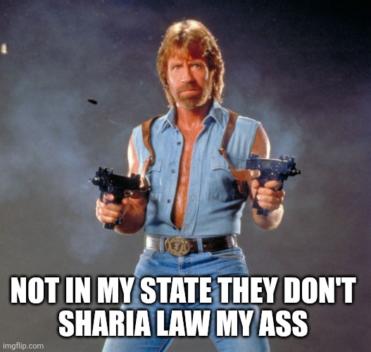 Chuck Norris Guns Meme | NOT IN MY STATE THEY DON'T 
SHARIA LAW MY ASS | image tagged in memes,chuck norris guns,chuck norris | made w/ Imgflip meme maker