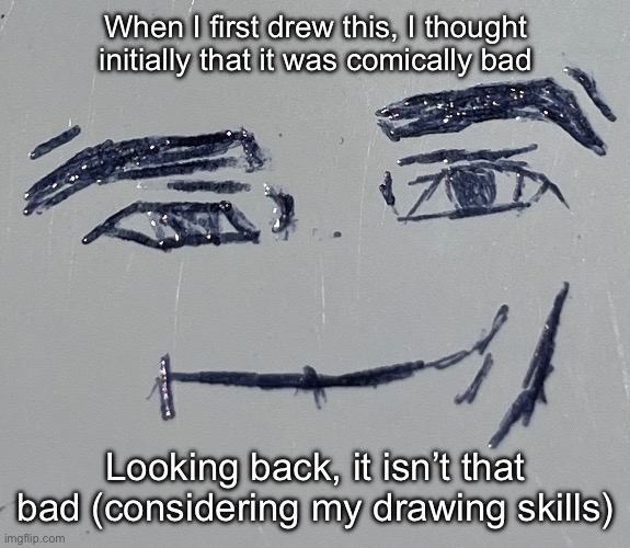 Considering it took like 2 minutes and was a first attempt | When I first drew this, I thought initially that it was comically bad; Looking back, it isn’t that bad (considering my drawing skills) | made w/ Imgflip meme maker