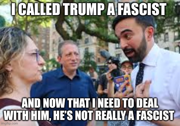Fascinating | I CALLED TRUMP A FASCIST; AND NOW THAT I NEED TO DEAL WITH HIM, HE’S NOT REALLY A FASCIST | image tagged in zohran mamdani,donald trump,fascism,fascist,politics,political meme | made w/ Imgflip meme maker