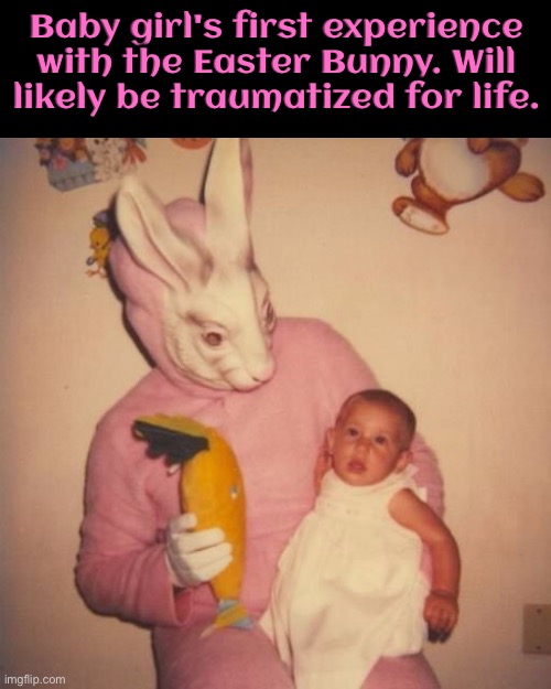 The Easter Bunny | Baby girl's first experience with the Easter Bunny. Will likely be traumatized for life. | image tagged in babies,girls,easter bunny,cursed images,creepy,trauma | made w/ Imgflip meme maker