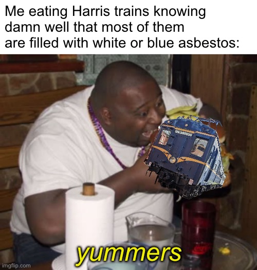 Asbestos: A Rare Delicacy | Me eating Harris trains knowing damn well that most of them are filled with white or blue asbestos:; yummers | made w/ Imgflip meme maker