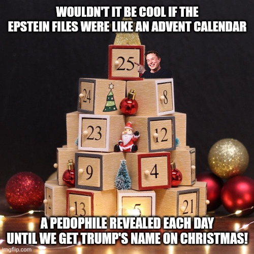 The Epstein 'philes Advent Calendar! | WOULDN'T IT BE COOL IF THE EPSTEIN FILES WERE LIKE AN ADVENT CALENDAR; A PEDOPHILE REVEALED EACH DAY UNTIL WE GET TRUMP'S NAME ON CHRISTMAS! | image tagged in advent calendar,donald trump,jeffrey epstein,pedophiles,maga | made w/ Imgflip meme maker