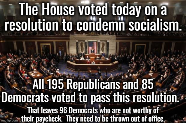 Socialism, fascism, Nazism and communism are the polar opposite what this nation was founded on. | The House voted today on a resolution to condemn socialism. All 195 Republicans and 85 Democrats voted to pass this resolution. That leaves 96 Democrats who are not worthy of their paycheck.  They need to be thrown out of office. | image tagged in congress,traitor democrats | made w/ Imgflip meme maker