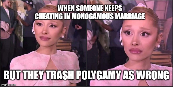 Hipocrysy is strong with this one | WHEN SOMEONE KEEPS CHEATING IN MONOGAMOUS MARRIAGE; BUT THEY TRASH POLYGAMY AS WRONG | image tagged in galinda - said what,polygamy,cheating,memes,ariana grande,marriage | made w/ Imgflip meme maker
