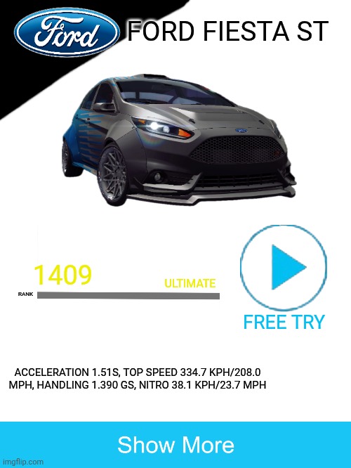 Ford the people | FORD FIESTA ST; RANK; 1409; ULTIMATE; FREE TRY; ACCELERATION 1.51S, TOP SPEED 334.7 KPH/208.0 MPH, HANDLING 1.390 GS, NITRO 38.1 KPH/23.7 MPH | image tagged in cars,ford | made w/ Imgflip meme maker