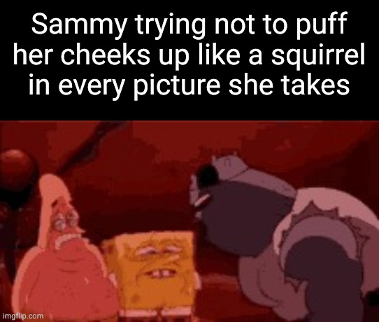 sweating spongebob | Sammy trying not to puff her cheeks up like a squirrel in every picture she takes | image tagged in sweating spongebob | made w/ Imgflip meme maker