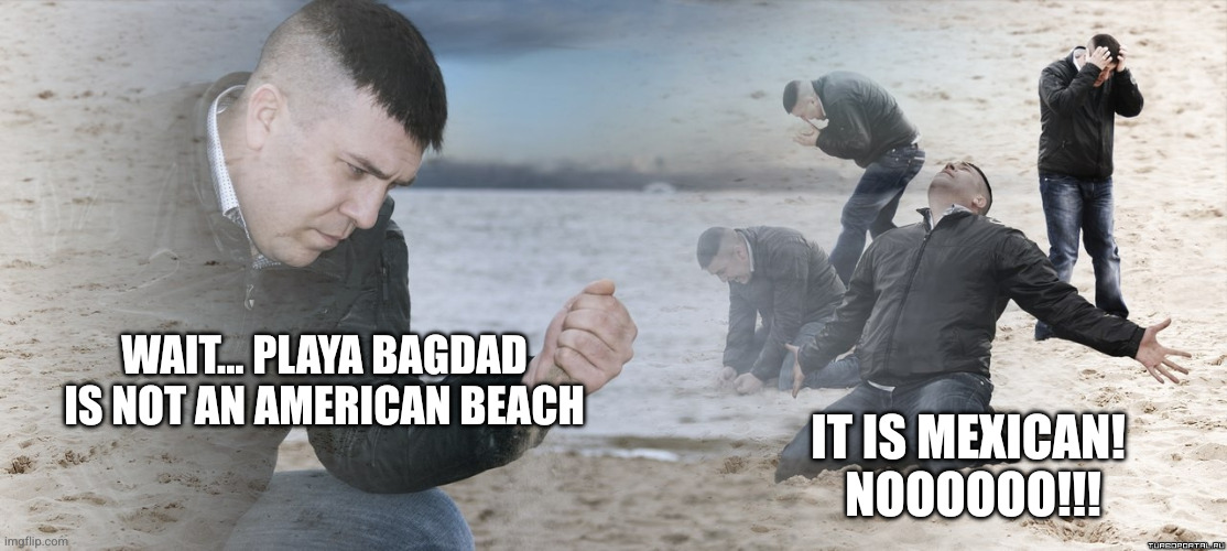 The US military left its GPS at home | IT IS MEXICAN! 
NOOOOOO!!! WAIT... PLAYA BAGDAD IS NOT AN AMERICAN BEACH | image tagged in guy with sand in the hands of despair,playa bagdad,accidental invasion,memes,missing mexico,where is the border | made w/ Imgflip meme maker