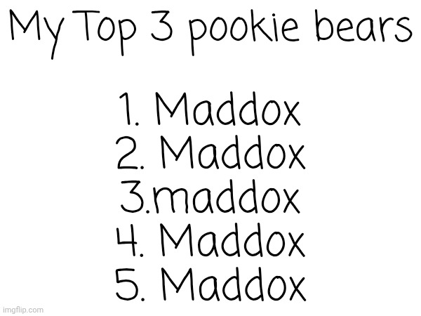My Top 3 pookie bears; 1. Maddox
2. Maddox
3.maddox
4. Maddox
5. Maddox | made w/ Imgflip meme maker