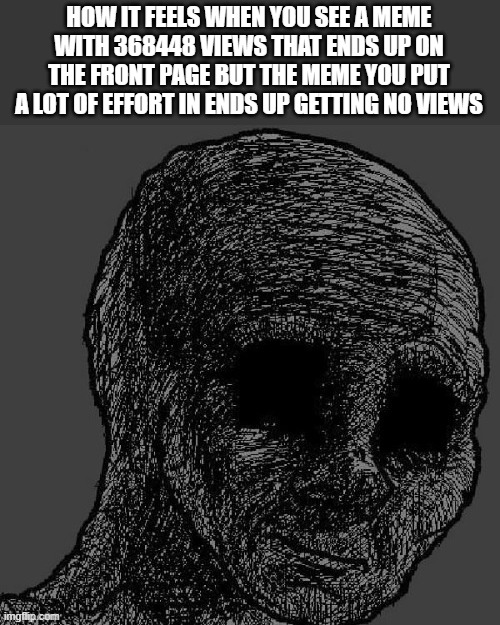 HOW IT FEELS WHEN YOU SEE A MEME WITH 368448 VIEWS THAT ENDS UP ON THE FRONT PAGE BUT THE MEME YOU PUT A LOT OF EFFORT IN ENDS UP GETTING NO VIEWS | image tagged in meme | made w/ Imgflip meme maker