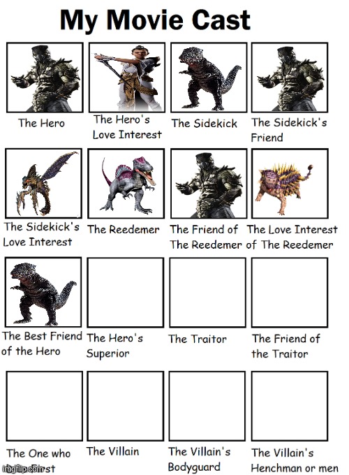 My movie cast | image tagged in my movie cast,mortal kombat,godzilla,dinosaur king | made w/ Imgflip meme maker