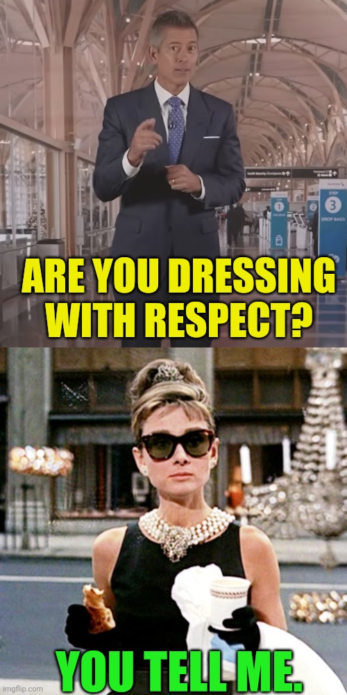 Holly Golightly answers Sean Duffy | ARE YOU DRESSING
WITH RESPECT? YOU TELL ME. | image tagged in secretary of transportation,sean duffy,manners,civility,holly golightly,audrey hepburn | made w/ Imgflip meme maker