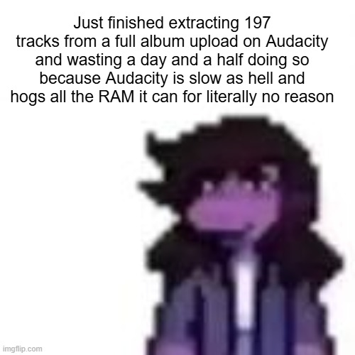 Just finished extracting 197 tracks from a full album upload on Audacity and wasting a day and a half doing so because Audacity is slow as hell and hogs all the RAM it can for literally no reason | made w/ Imgflip meme maker