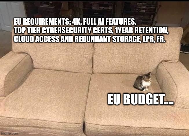 Clients | EU REQUIREMENTS: 4K, FULL AI FEATURES, TOP TIER CYBERSECURITY CERTS, 1YEAR RETENTION, CLOUD ACCESS AND REDUNDANT STORAGE, LPR, FR. EU BUDGET.... | image tagged in customers | made w/ Imgflip meme maker