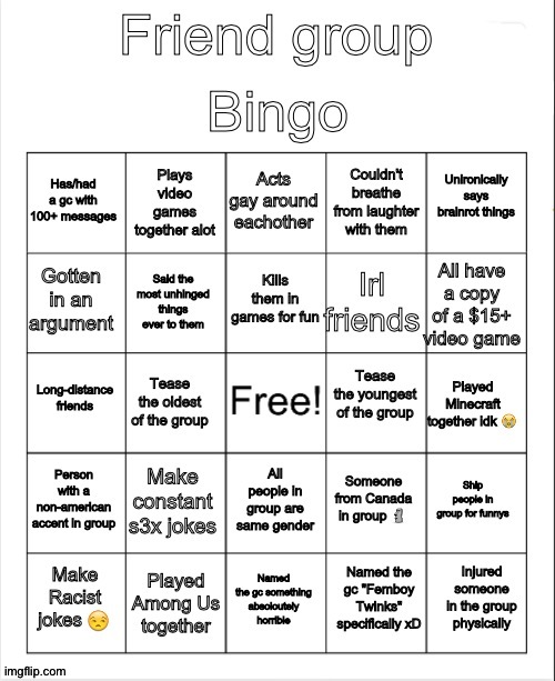 Fill this out if you're in a friend group and post it! | image tagged in friend group bingo | made w/ Imgflip meme maker
