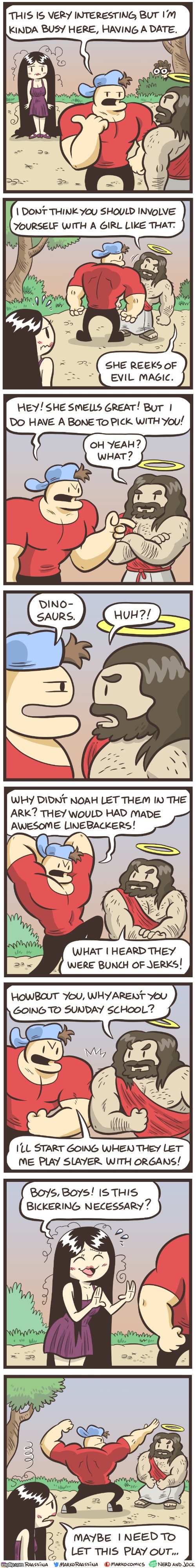 Tune in Wednesday to see how this arc ends! | image tagged in jock,olga,date,jesus christ,argument,arguing | made w/ Imgflip meme maker