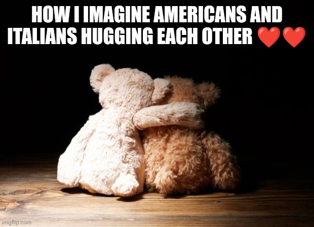Bear hugs | HOW I IMAGINE AMERICANS AND ITALIANS HUGGING EACH OTHER ❤️❤️ | image tagged in bear hugs | made w/ Imgflip meme maker