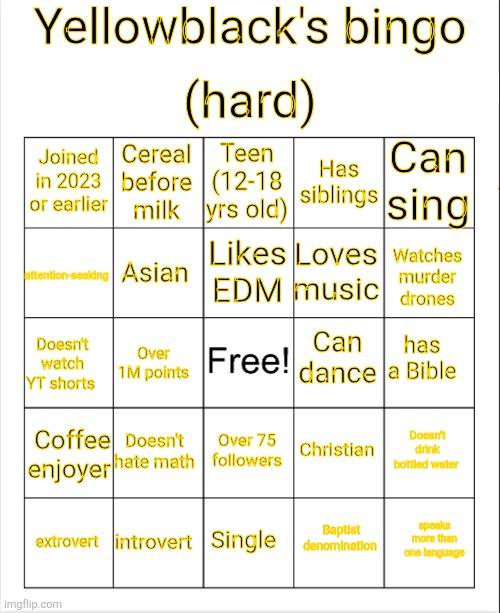 Yellowblack's bingo Blank Meme Template