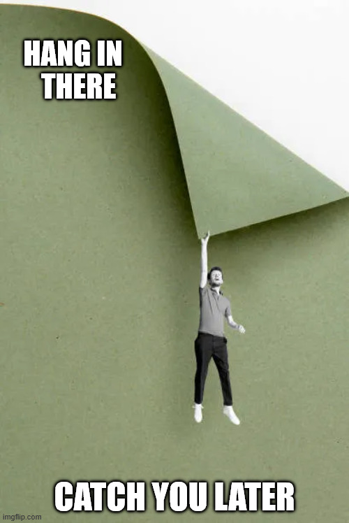 HANG IN 
 THERE; CATCH YOU LATER | image tagged in don't look down | made w/ Imgflip meme maker