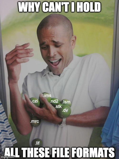 How life feels without BioFormats | WHY CAN'T I HOLD; .ims; .nd2; .lsm; .stk; .dv; .czi; .mrc; .lif; ALL THESE FILE FORMATS | image tagged in memes,why can't i hold all these limes | made w/ Imgflip meme maker
