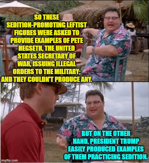 Oops, eh leftists? | SO THESE SEDITION-PROMOTING LEFTIST FIGURES WERE ASKED TO PROVIDE EXAMPLES OF PETE HEGSETH, THE UNITED STATES SECRETARY OF WAR, ISSUING ILLEGAL ORDERS TO THE MILITARY; AND THEY COULDN'T PRODUCE ANY. BUT ON THE OTHER HAND, PRESIDENT TRUMP EASILY PRODUCED EXAMPLES OF THEM PRACTICING SEDITION. | image tagged in see nobody cares | made w/ Imgflip meme maker