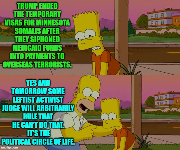 Ain't it grand? | TRUMP ENDED THE TEMPORARY VISAS FOR MINNESOTA SOMALIS AFTER THEY SIPHONED MEDICAID FUNDS INTO PAYMENTS TO OVERSEAS TERRORISTS. YES AND TOMORROW SOME LEFTIST ACTIVIST JUDGE WILL ARBITRARILY RULE THAT HE CAN'T DO THAT.  IT'S THE POLITICAL CIRCLE OF LIFE. | image tagged in worst day of my life | made w/ Imgflip meme maker