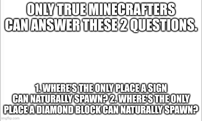 let's see! | ONLY TRUE MINECRAFTERS CAN ANSWER THESE 2 QUESTIONS. 1. WHERE'S THE ONLY PLACE A SIGN CAN NATURALLY SPAWN? 2. WHERE'S THE ONLY PLACE A DIAMOND BLOCK CAN NATURALLY SPAWN? | image tagged in white background,minecraft | made w/ Imgflip meme maker